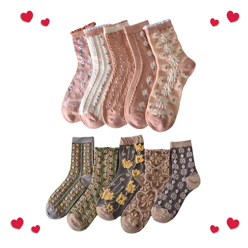 Women'S Crew Socks, Cute Floral Socks, Vintage Embroidered Floral Design, Ladies Girls Casual Socks,10 Pairs Womens Floral Socks, Spring Socks, Vintage Embroidered Floral Design, Comfortable Ankle Ruffled Socks for Women, Mother'S Day Gift