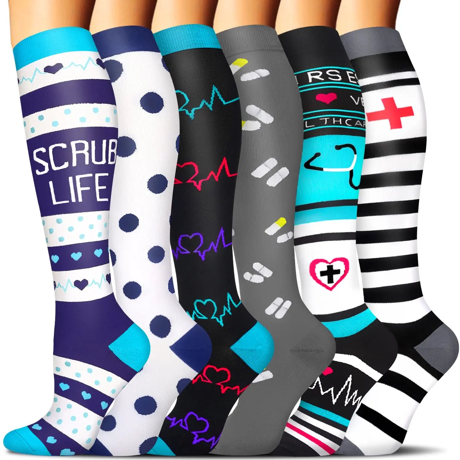 Tinylemon 6 Pairs Compression Socks for Women Men, 15-20 Mmhg Knee High Support Socks, Breathable Printed & Solid Socks for Nurses, Travel & Standing All Day