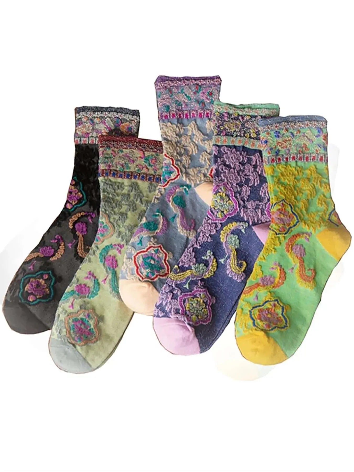 Women'S 5 Pairs Multicolored Floral Jacquard Crew Socks, Fashion Casual Comfy Mid Calf Socks for Daily Outdoor Wear, Women Hosiery for Fall & Winter
