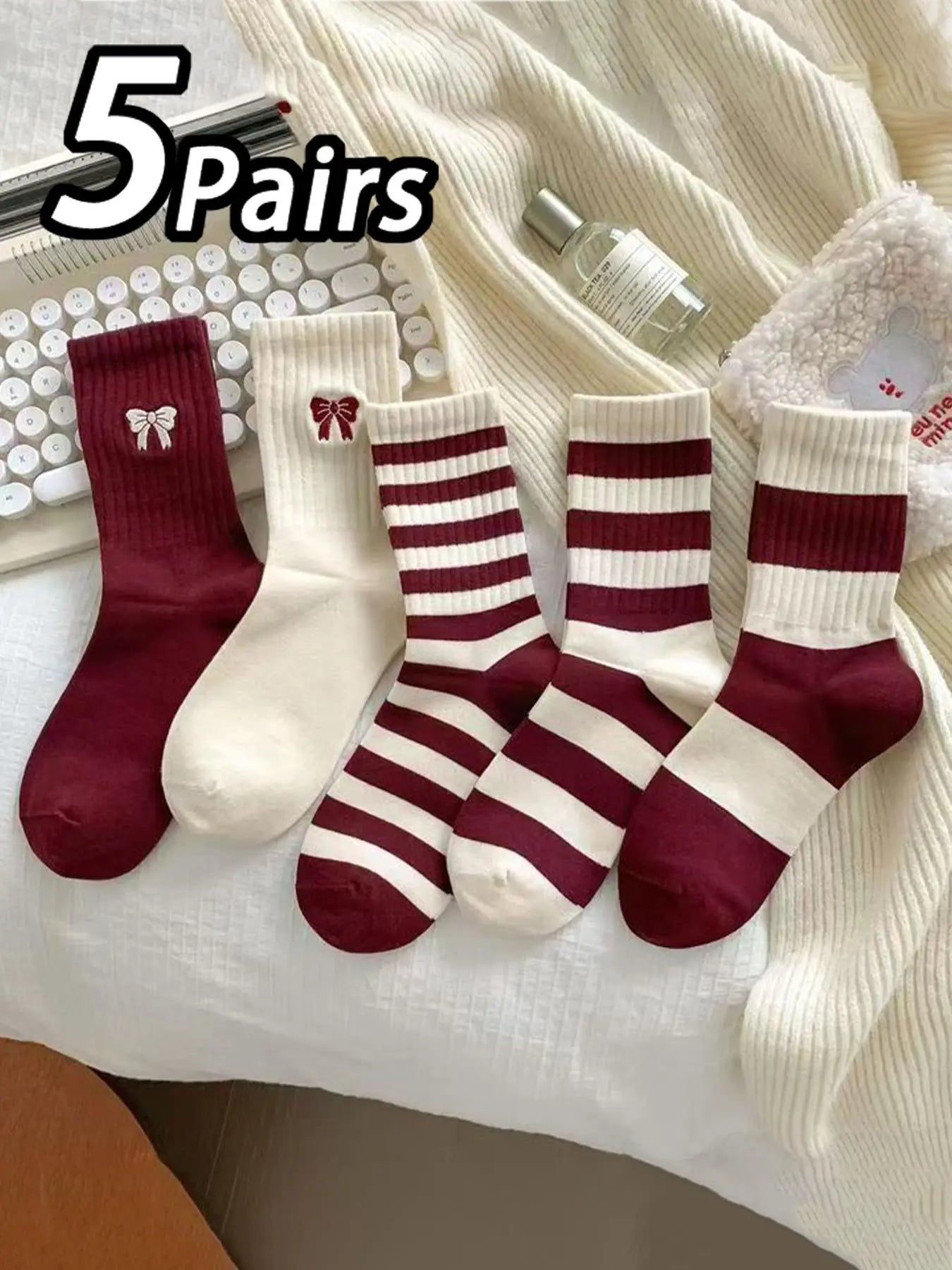 Women'S 5 Pairs Colorblock Stripped & Star Print Crew Socks, Sock Set, Casual Stylish Socks, Casual Moisture Wicking Socks, Soft Comfy Breathable Socks for All Seasons Daily Wear