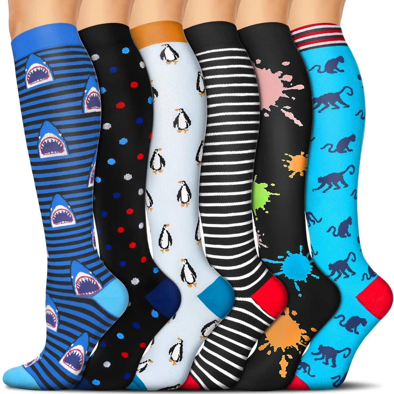 Tinylemon 6 Pairs Compression Socks for Women Men, 15-20 Mmhg Knee High Support Socks, Breathable Printed & Solid Socks for Nurses, Travel & Standing All Day