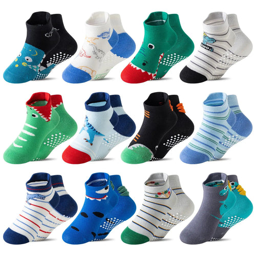 12 Pairs Baby Boys Toddlers Grips Socks Kids Non Slip anti Skid Ankle Cotton No Show Socks with Grippers Shark Socks