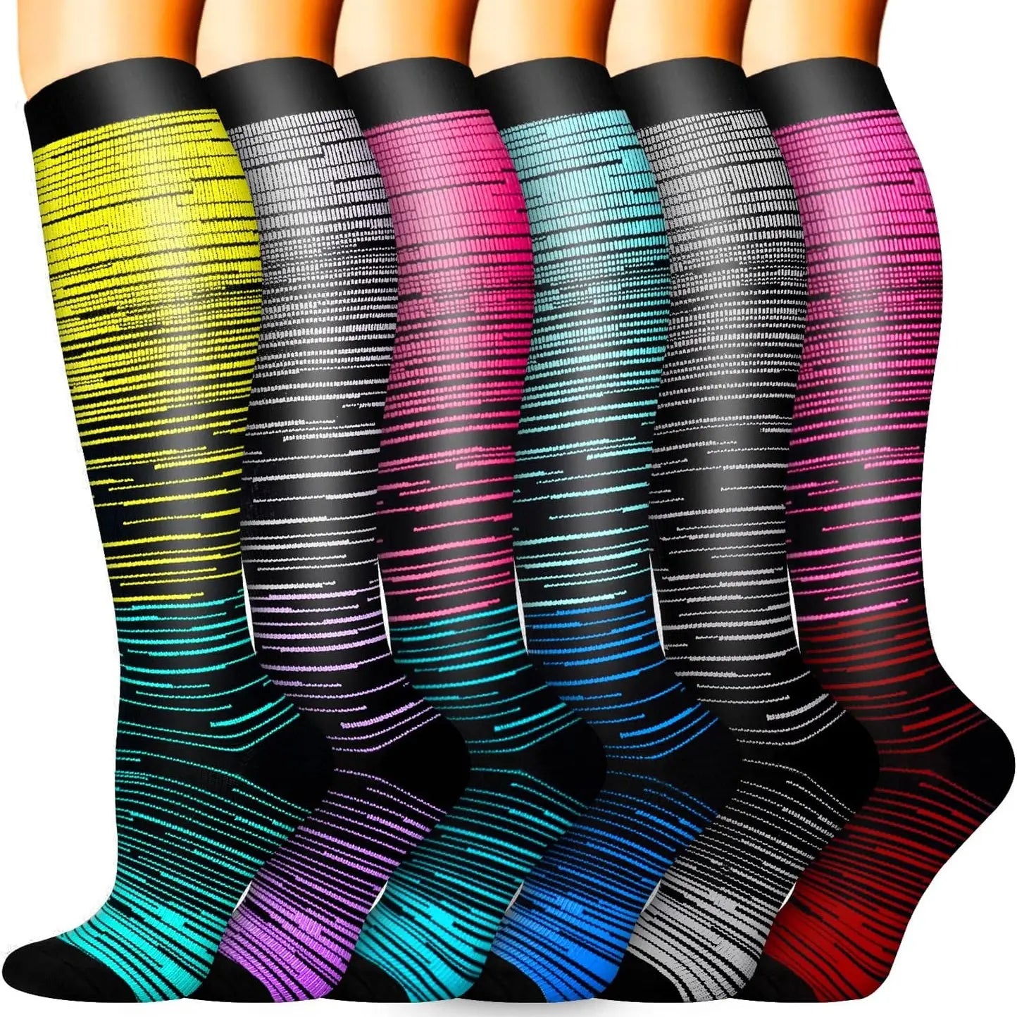 Tinylemon 6 Pairs Compression Socks for Women Men, 15-20 Mmhg Knee High Support Socks, Breathable Printed & Solid Socks for Nurses, Travel & Standing All Day