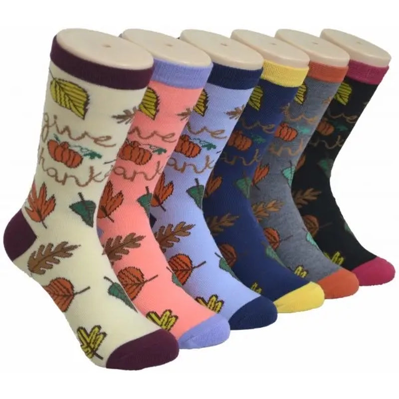 Women's 6-Pack Elastic Crew Socks - Cute and Comfortable "Give Thanks" Design