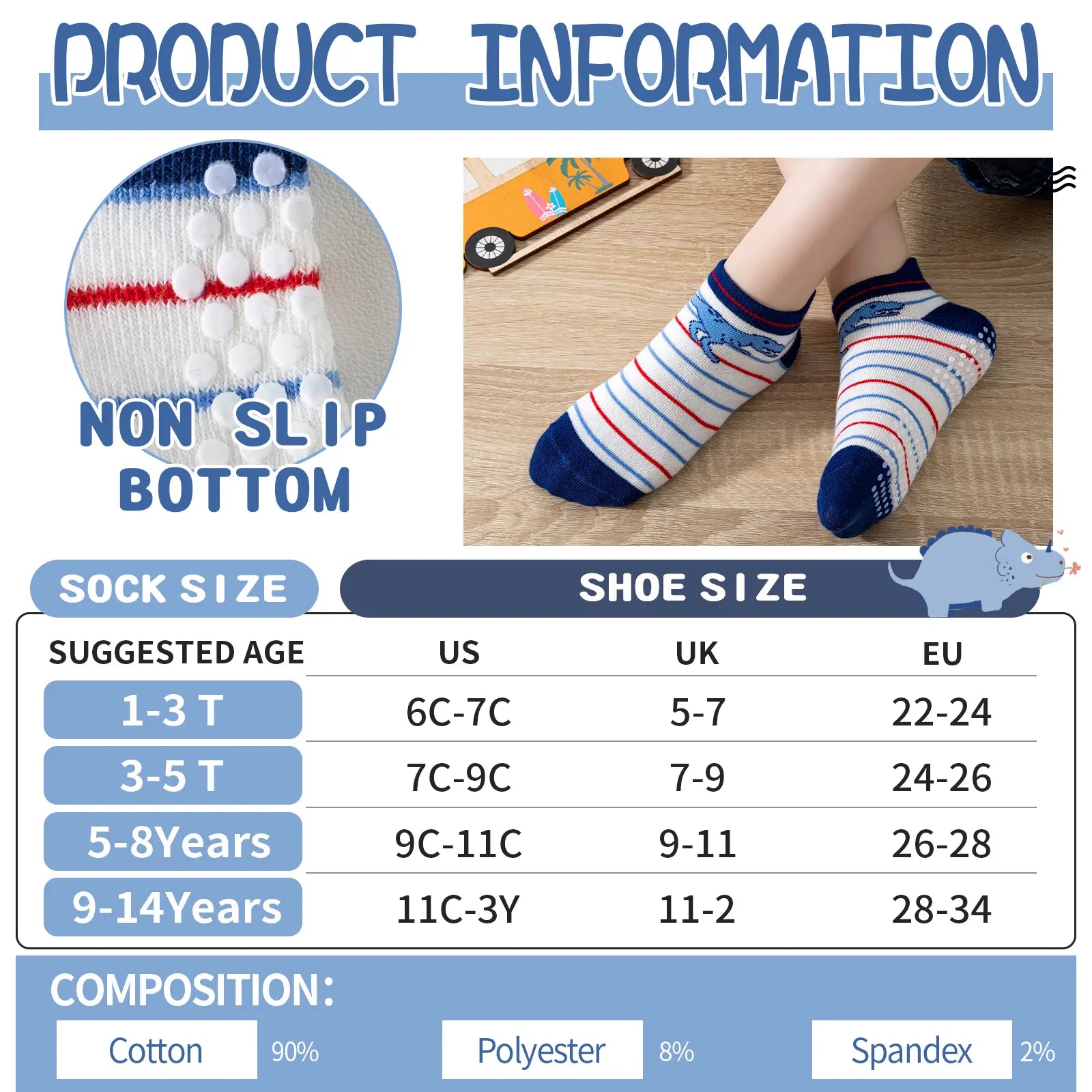 12 Pairs Baby Boys Toddlers Grips Socks Kids Non Slip anti Skid Ankle Cotton No Show Socks with Grippers Shark Socks