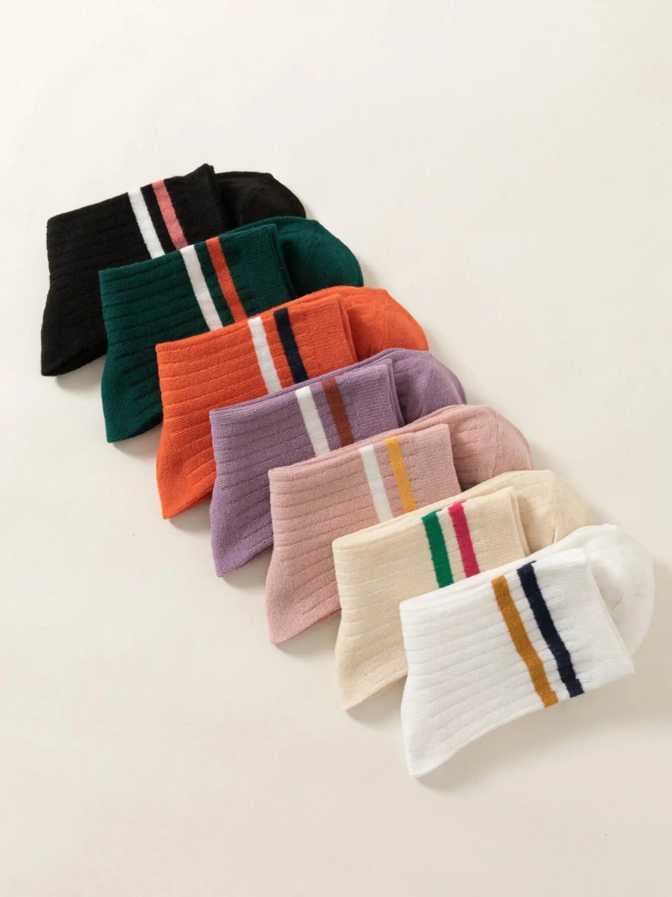 Women'S 7 Pairs Contrast Stripes Print Crew Socks, Casual Moisture Wicking Socks, Soft Comfy Breathable Socks for All Seasons Daily Wear