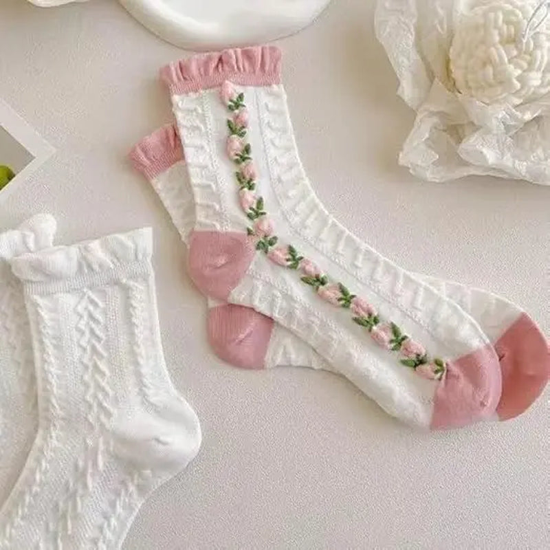 5 Pairs White Cute Socks,Christmas Socks Warm Gif,Pink Socks,Women'S Lace Ruffles Ankle Casual Sock, Cottagecore Breathable Mid Tube Socks,Floral Crew Socks
