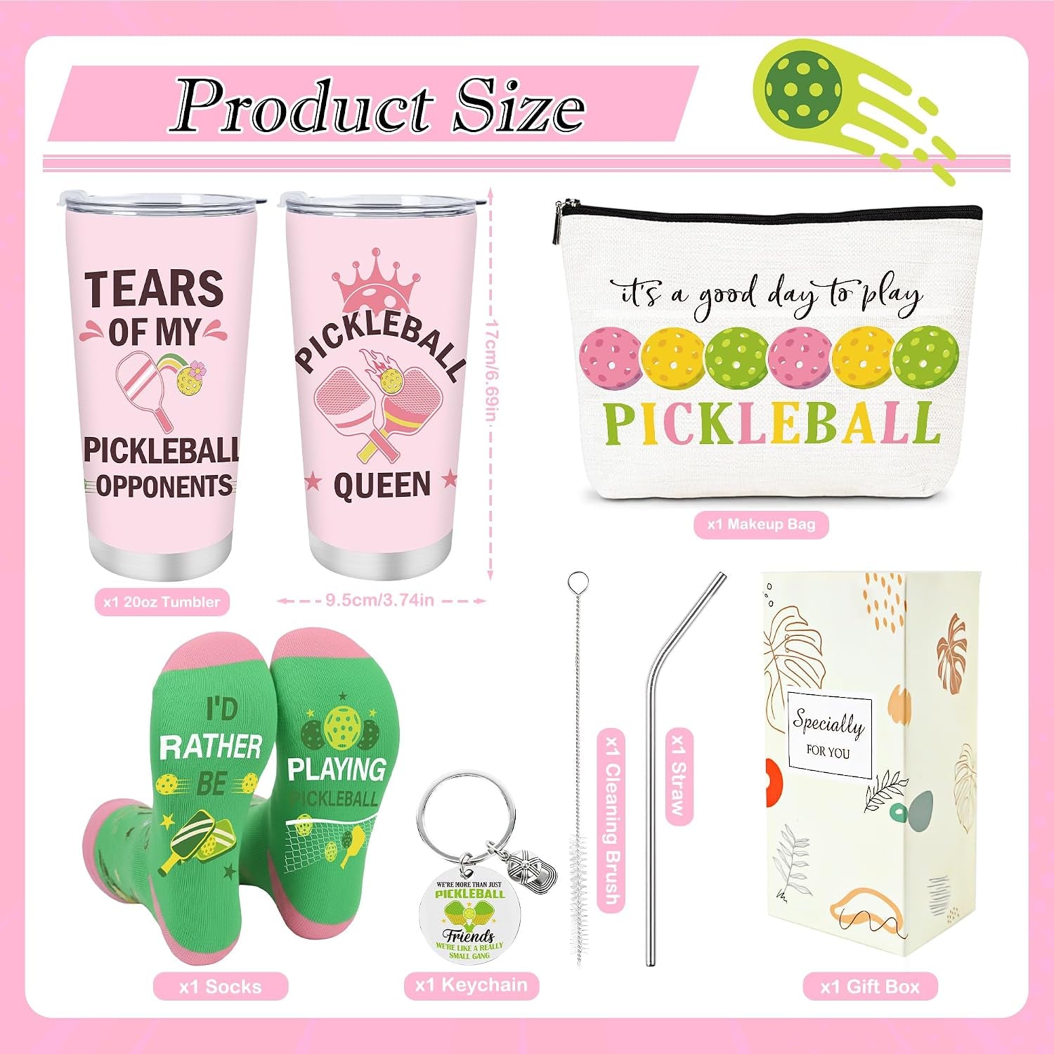 4Pcs Pickleball Gifts for Women Christmas Mother'S Day Appreciation | 20Oz PB Tumbler, Makeup Bag, Sock, Keychain, with Lid Straw Brush, Insulated, Leak Proof, Spill Proof, Pickleball Accessorie
