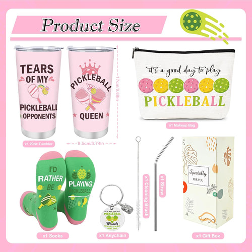 4Pcs Pickleball Gifts for Women Christmas Mother'S Day Appreciation | 20Oz PB Tumbler, Makeup Bag, Sock, Keychain, with Lid Straw Brush, Insulated, Leak Proof, Spill Proof, Pickleball Accessorie