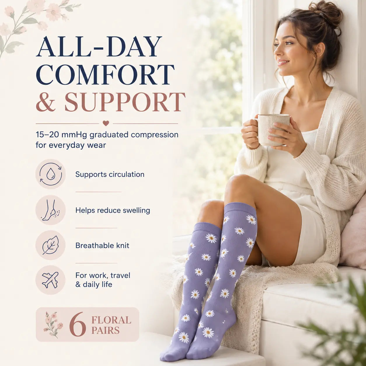 Tinylemon 6 Pairs Compression Socks for Women Men, 15-20 Mmhg Knee High Support Socks, Breathable Printed & Solid Socks for Nurses, Travel & Standing All Day