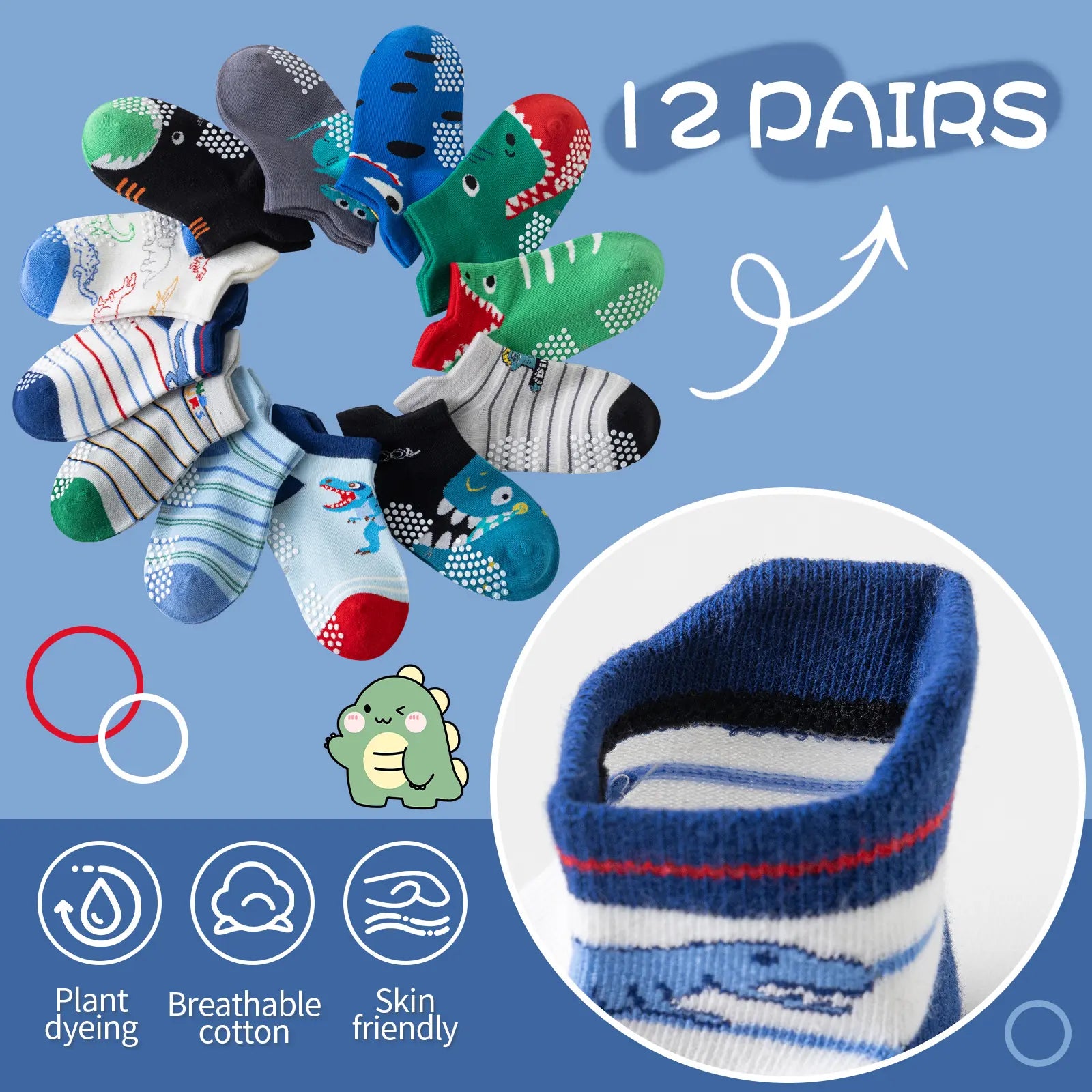 12 Pairs Baby Boys Toddlers Grips Socks Kids Non Slip anti Skid Ankle Cotton No Show Socks with Grippers Shark Socks