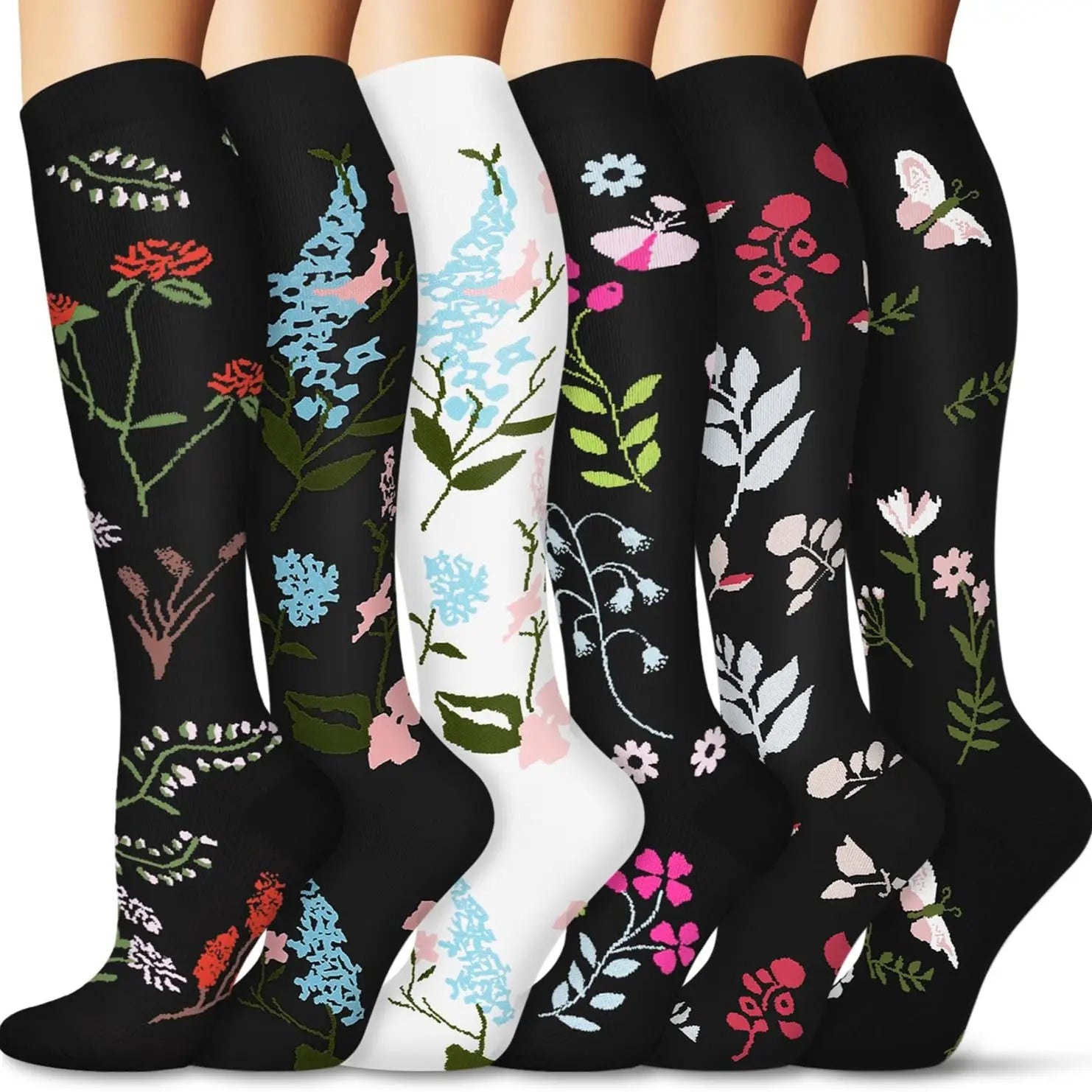 Tinylemon 6 Pairs Compression Socks for Women Men, 15-20 Mmhg Knee High Support Socks, Breathable Printed & Solid Socks for Nurses, Travel & Standing All Day