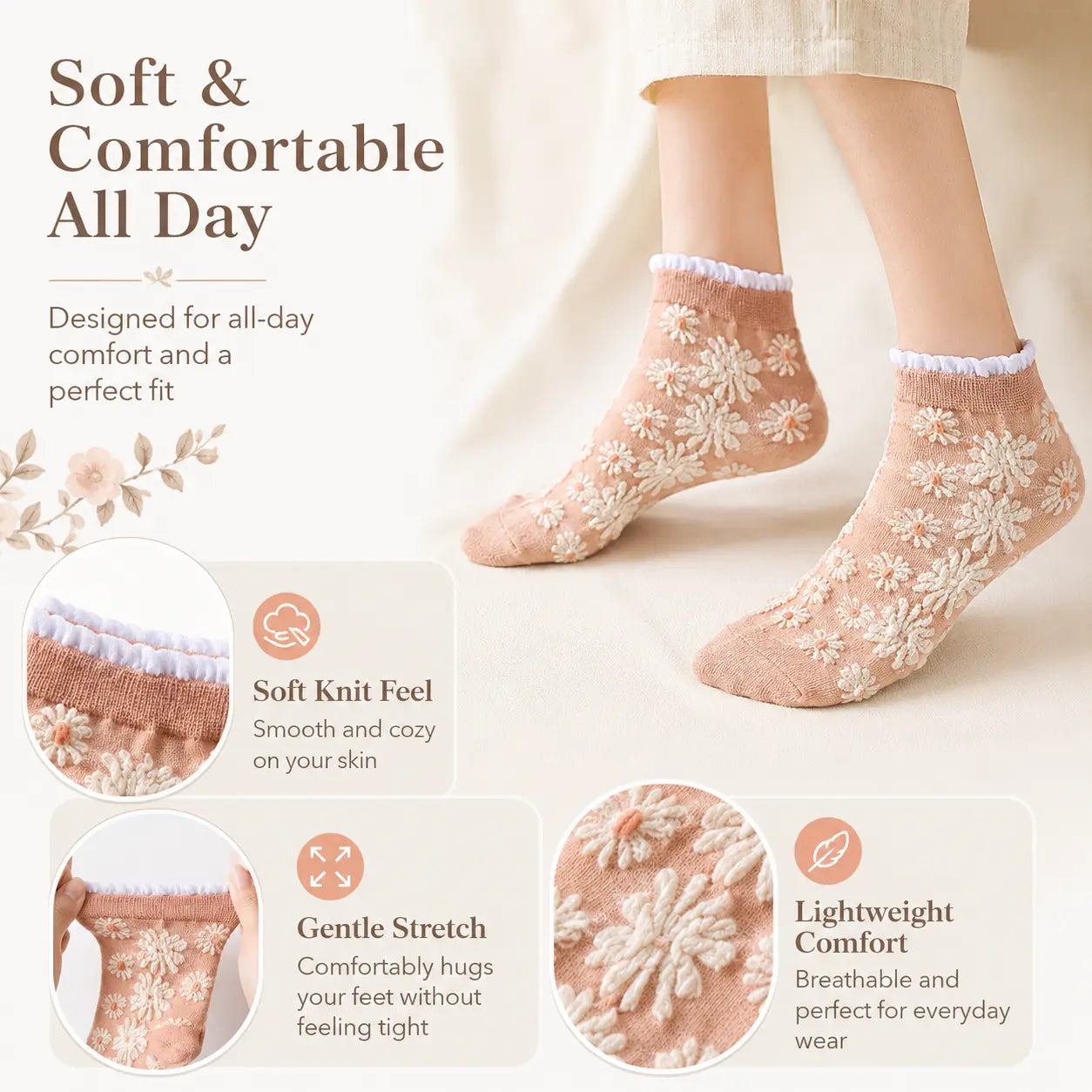 10 Pairs Womens Floral Socks, Spring Socks, Vintage Embroidered Floral Design, Comfortable Ankle Ruffled Socks for Women, Mother'S Day Gift