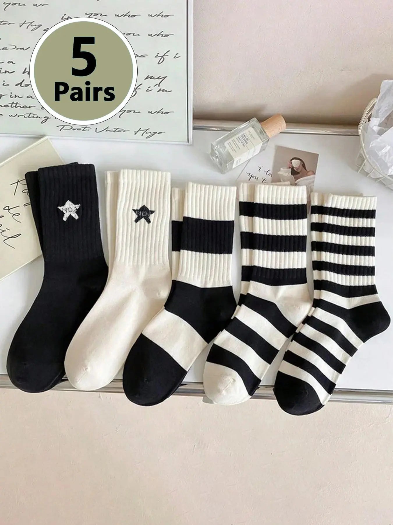 Women'S 5 Pairs Colorblock Stripped & Star Print Crew Socks, Sock Set, Casual Stylish Socks, Casual Moisture Wicking Socks, Soft Comfy Breathable Socks for All Seasons Daily Wear