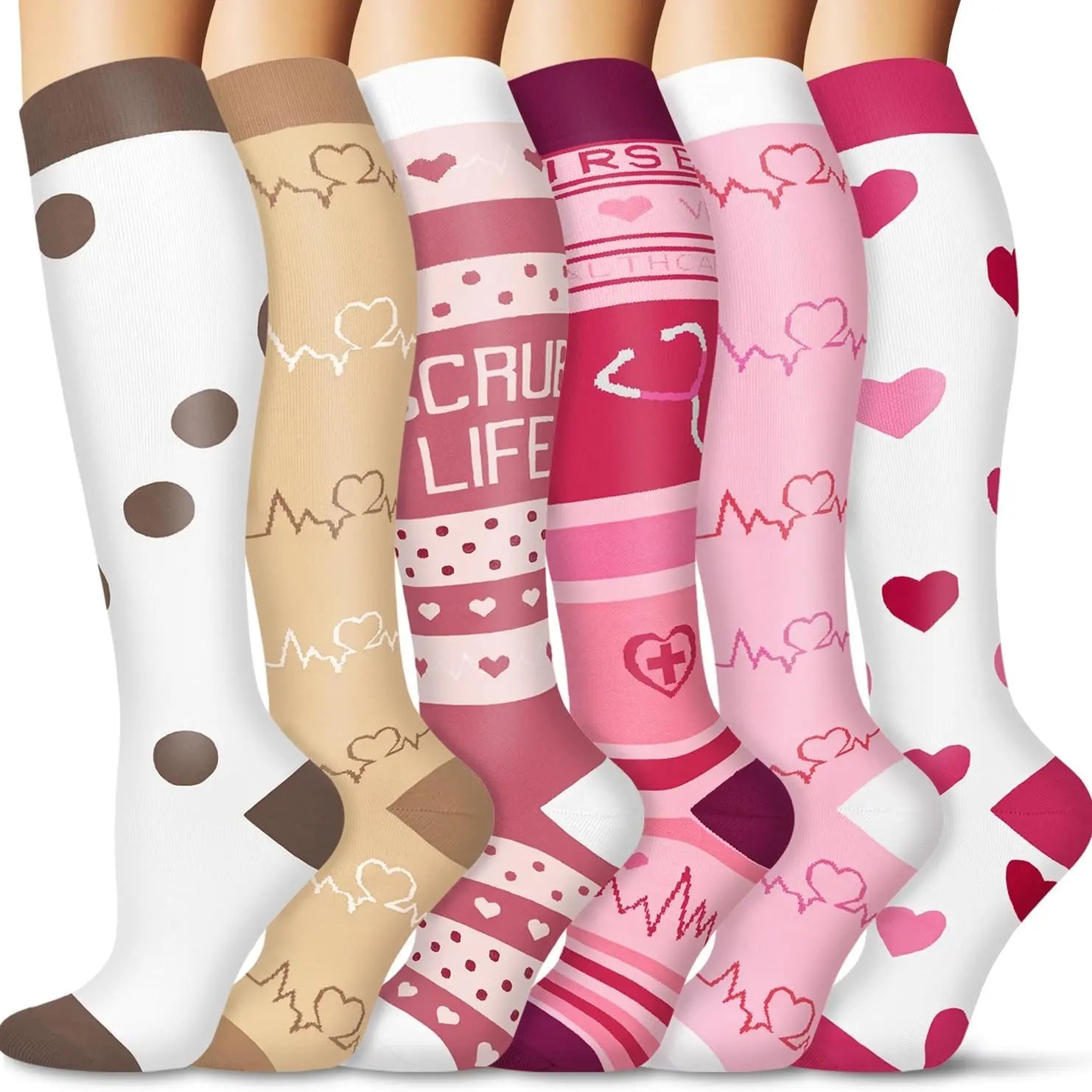Tinylemon 6 Pairs Compression Socks for Women Men, 15-20 Mmhg Knee High Support Socks, Breathable Printed & Solid Socks for Nurses, Travel & Standing All Day