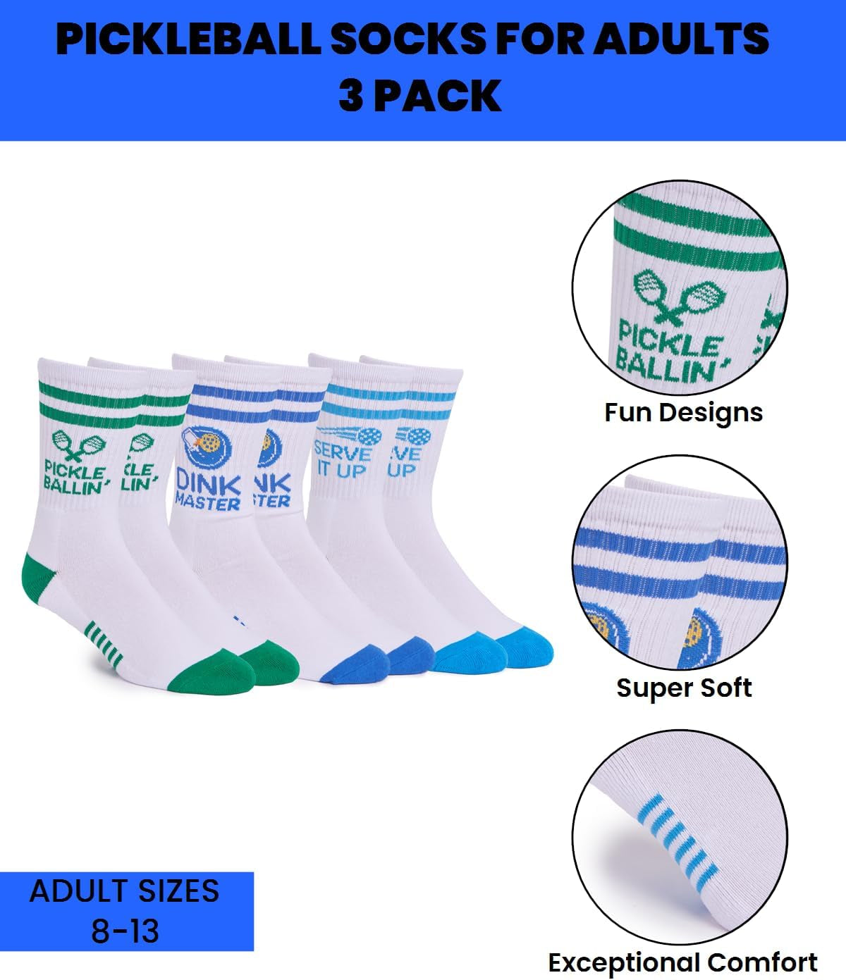 Performance Pickleball Crew Socks, Great Gift for Pickleball Lovers, Mens and Womens, One Size 8-13