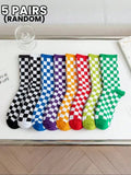 5 Pairs of Unisex Random Checkered Mid-Calf Socks, Sock Set, Minimalist, Stylish, Retro, Soft, Comfortable, Casual Daily Wear Socks, Suitable for Everyday Family Wear, Fall Sock Styles, Socks Men