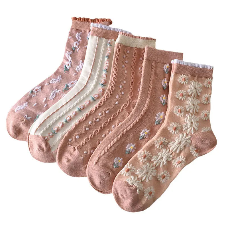 Women'S Crew Socks, Cute Floral Socks, Vintage Embroidered Floral Design, Ladies Girls Casual Socks,10 Pairs Womens Floral Socks, Spring Socks, Vintage Embroidered Floral Design, Comfortable Ankle Ruffled Socks for Women, Mother'S Day Gift