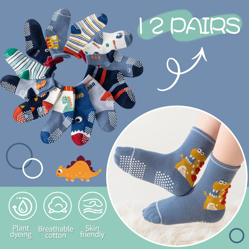 12 Pairs of Baby Boys Grips Socks Kids Toddlers Infants Non Slip/Anti Skid Crew Cotton Socks