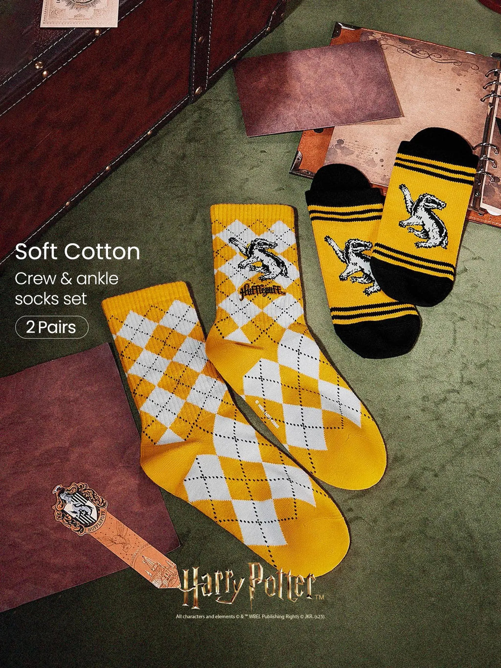 GLOWMODE X Harry Potter 2-Pack Soft Comfy Jacquard Embroidered Anti-Chafing Cotton Blend Crew Socks & Ankle Socks Set Daily Casual
