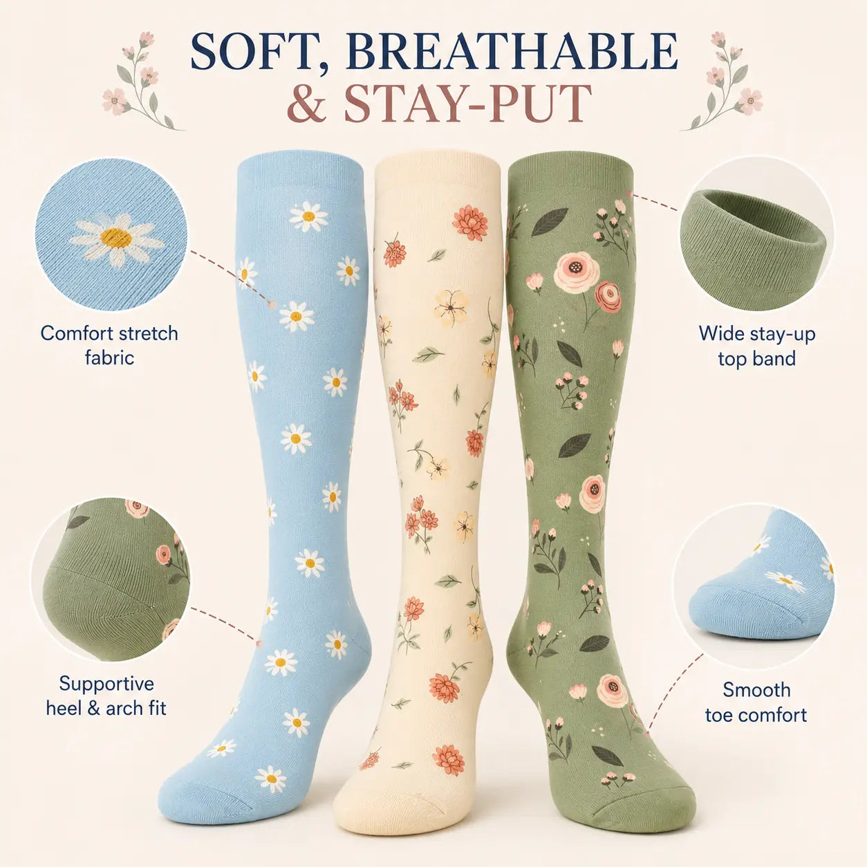 Tinylemon 6 Pairs Compression Socks for Women Men, 15-20 Mmhg Knee High Support Socks, Breathable Printed & Solid Socks for Nurses, Travel & Standing All Day