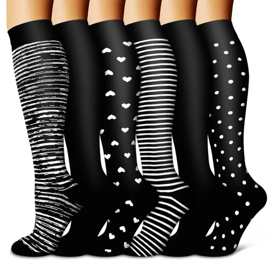 Tinylemon 6 Pairs Compression Socks for Women Men, 15-20 Mmhg Knee High Support Socks, Breathable Printed & Solid Socks for Nurses, Travel & Standing All Day