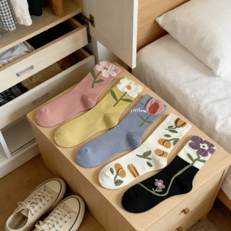 Women'S 5-Pair Floral Crew Tube Socks Set - Polyester-Cotton Mid-Length Casual Socks with Cute Prints for Everyday Use, Outfit Matching (Spring/Summer Style)