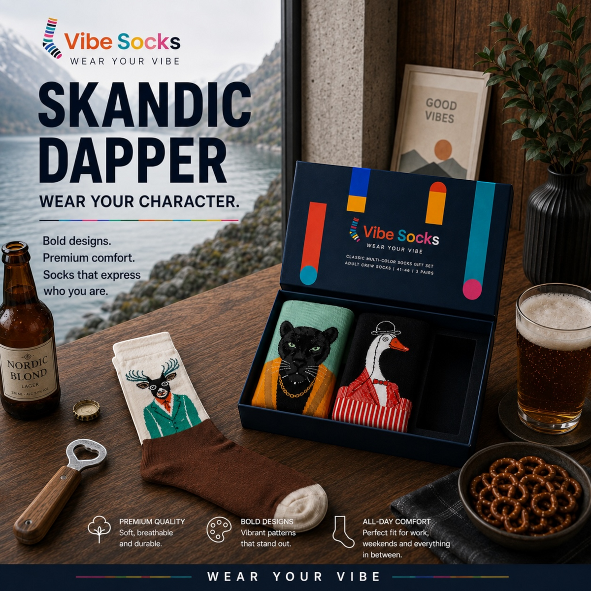 vibesocks Skandic Dapper 3'lü çorap seti, geyik, panter ve kaz desenli renkli ve şık tasarımlı hediye kutusu