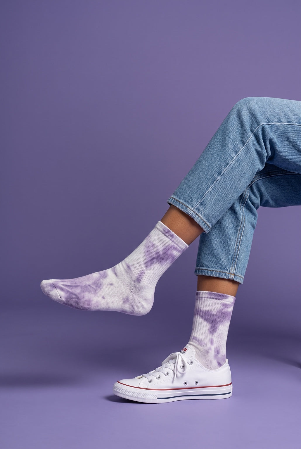 Vibe Socks lavender and white tie-dye crew socks lifestyle view
