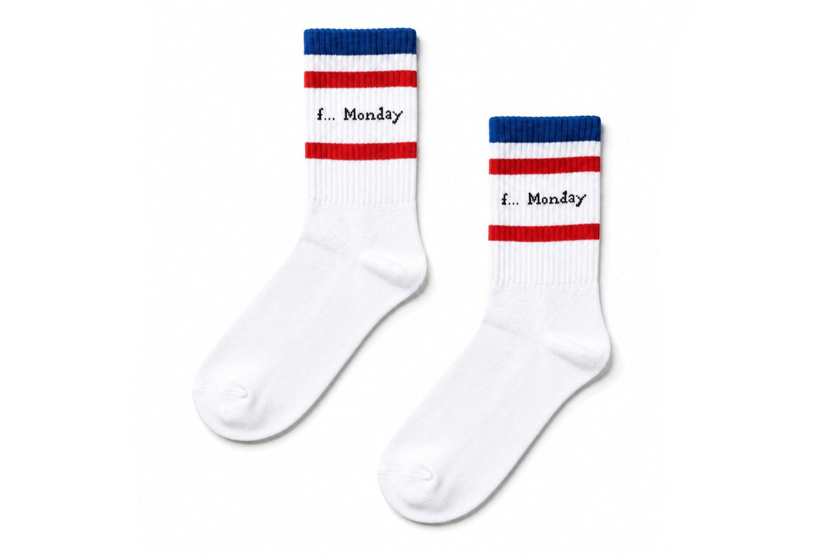 vibesocks beyaz zeminli, kırmızı ve mavi çizgili, üzerinde f... Monday yazan günlük kullanım için pamuklu çorap seti