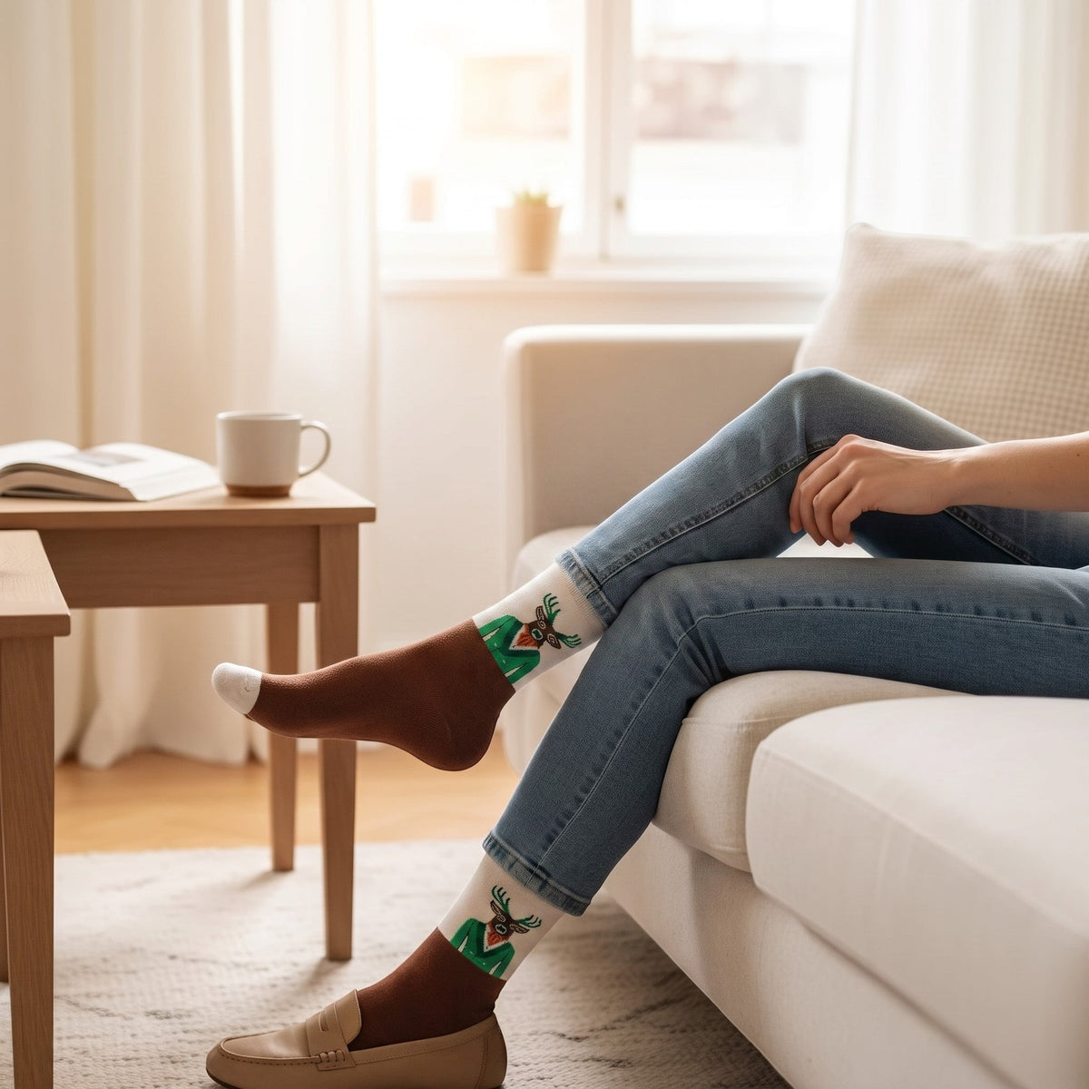 vibesocks marka krem ve kahverengi tonlarında, yeşil ceketli geyik desenli, pamuklu şık tasarım çoraplar