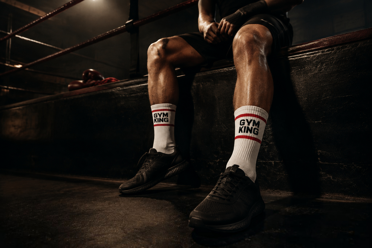 vibesocks KING MODE white crew socks with red stripes and GYM KING branding worn by an athlete in a boxing ring