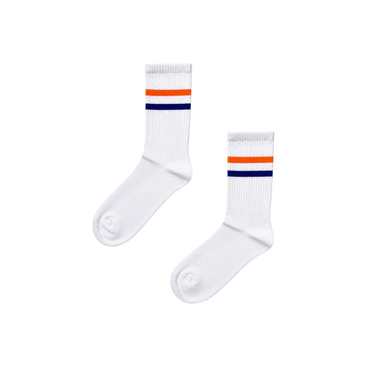 vibesocks classic white crew socks with orange and navy blue striped cuffs in a retro athletic style